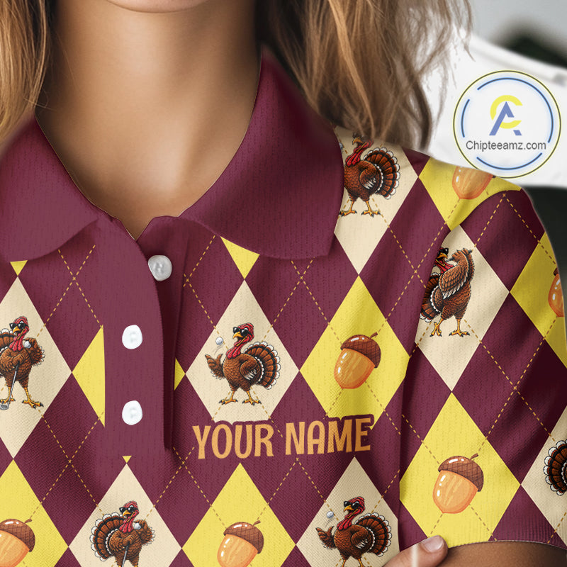 Turkey Golf Shirt, Thanksgiving Argyle Golf Top, Custom Name Golf Shirt