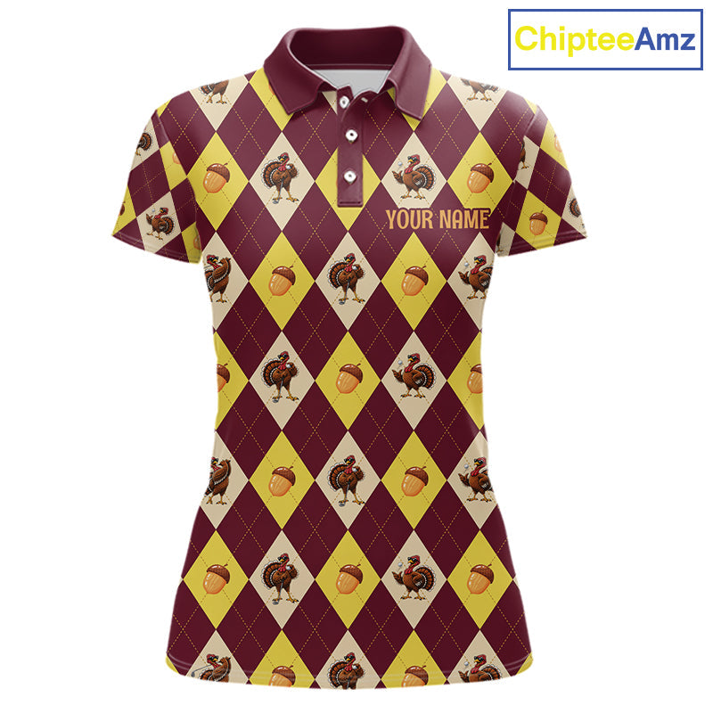 Turkey Golf Shirt, Thanksgiving Argyle Golf Top, Custom Name Golf Shirt