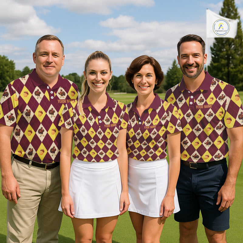 Turkey Golf Shirt, Thanksgiving Argyle Golf Top, Custom Name Golf Shirt