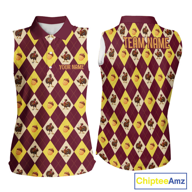 Turkey Sleeveless Golf Shirt, Thanksgiving Argyle Golf Top, Custom Name Golf Shirt