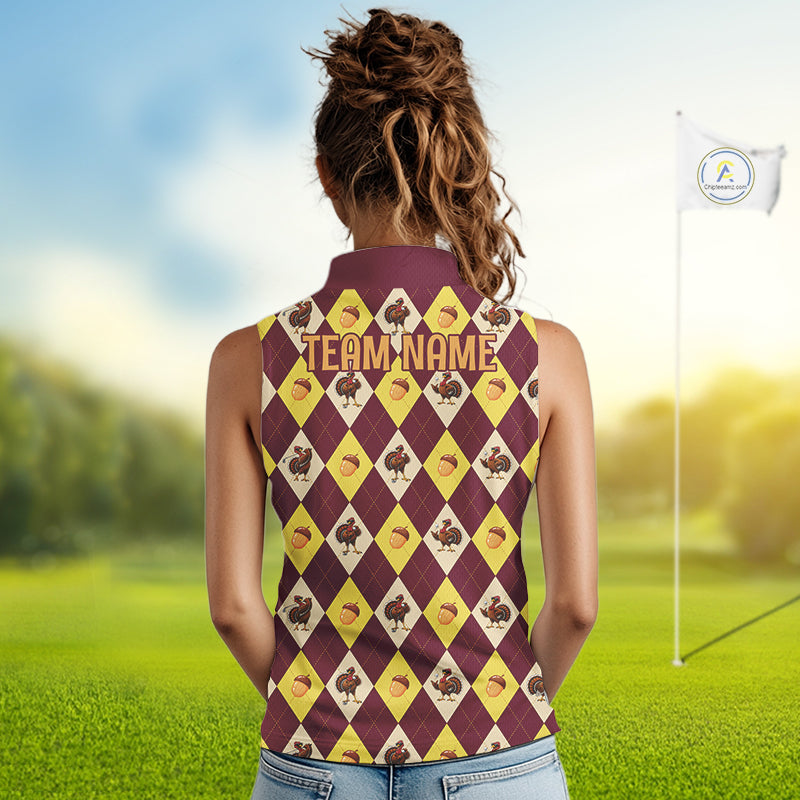 Turkey Sleeveless Golf Shirt, Thanksgiving Argyle Golf Top, Custom Name Golf Shirt