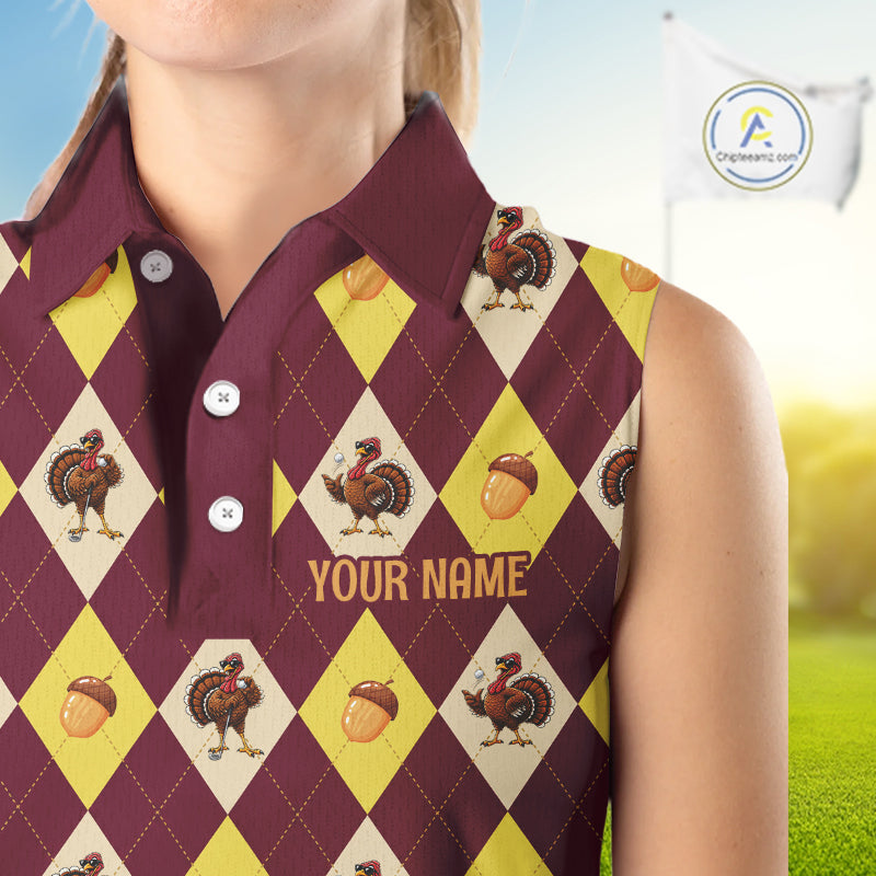 Turkey Sleeveless Golf Shirt, Thanksgiving Argyle Golf Top, Custom Name Golf Shirt