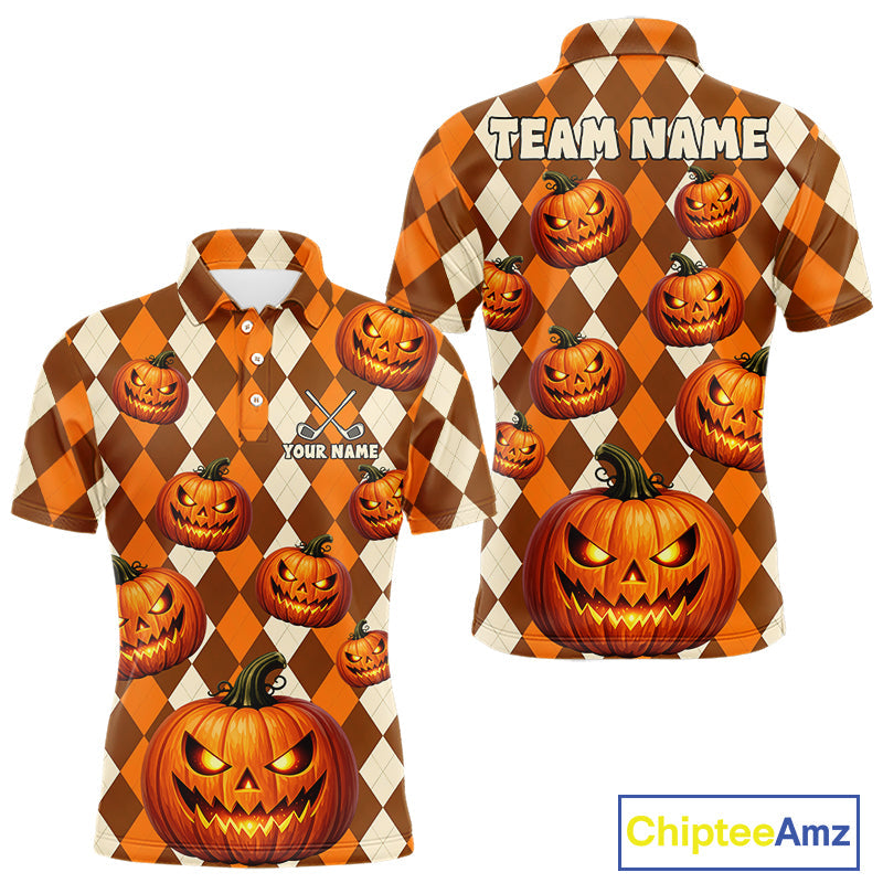 Personalized Halloween Pumpkin Golf Polo Shirt Custom Team Name Argyle Golf Shirt