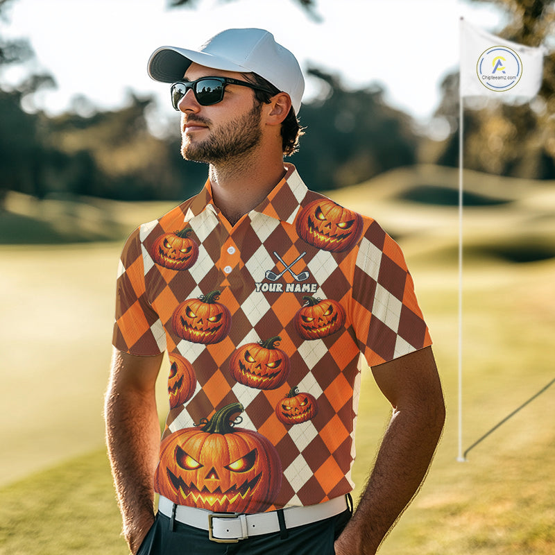 Personalized Halloween Pumpkin Golf Polo Shirt Custom Team Name Argyle Golf Shirt