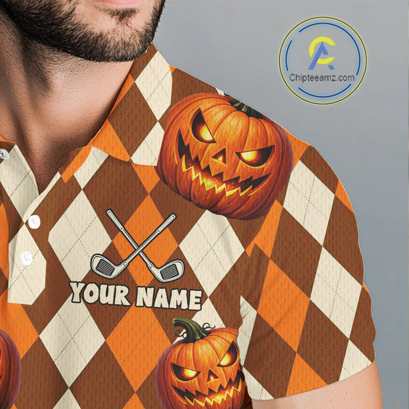 Personalized Halloween Pumpkin Golf Polo Shirt Custom Team Name Argyle Golf Shirt