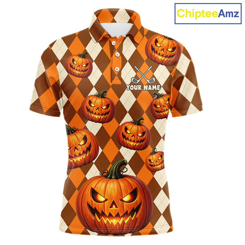 Personalized Halloween Pumpkin Golf Polo Shirt Custom Team Name Argyle Golf Shirt