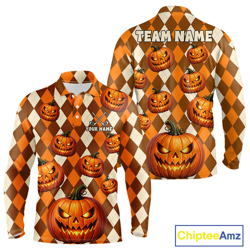Personalized Halloween Pumpkin Golf Polo Shirt Custom Team Name Argyle Golf Shirt