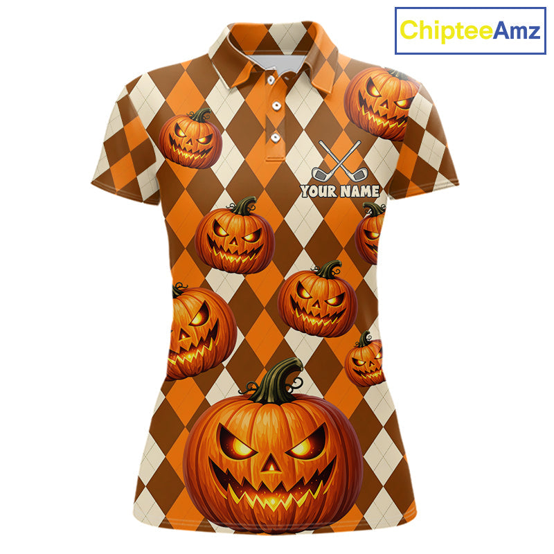 Personalized Halloween Pumpkin Golf Polo Shirt Custom Team Name Argyle Golf Shirt