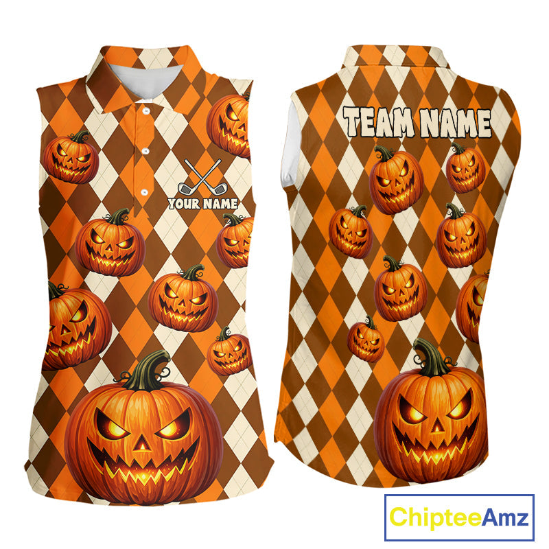 Personalized Halloween Pumpkin Sleeveless Golf Polo Shirt Custom Team Name Argyle Golf Shirt