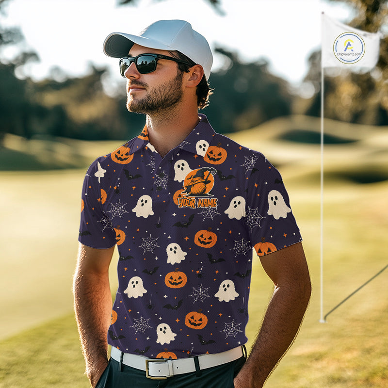 Funny Halloween Ghost Pumpkin Golf Polo Shirt Custom Name Personalized Team Golf Jersey