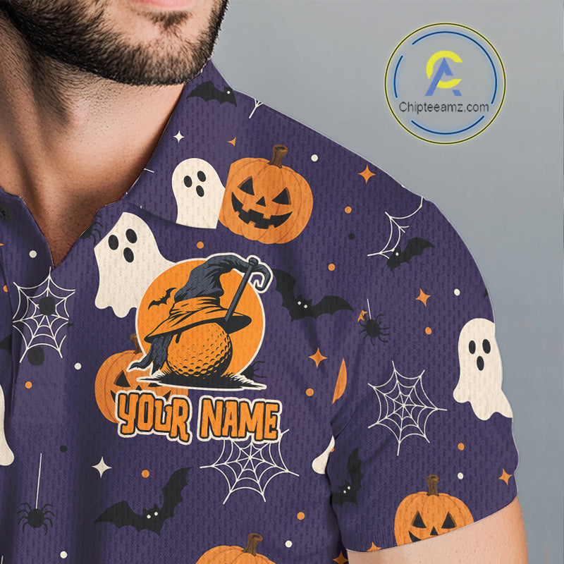 Funny Halloween Ghost Pumpkin Golf Polo Shirt Custom Name Personalized Team Golf Jersey