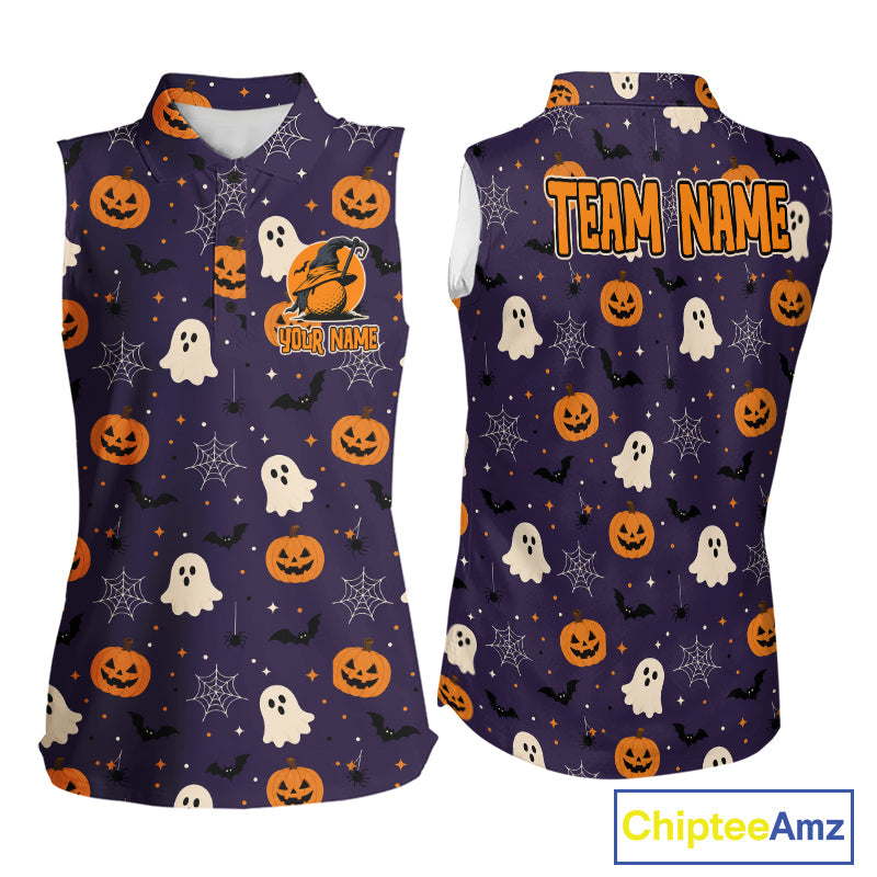 Funny Halloween Ghost Pumpkin Sleeveless Golf Polo Shirt Custom Name Personalized Team Golf Jersey