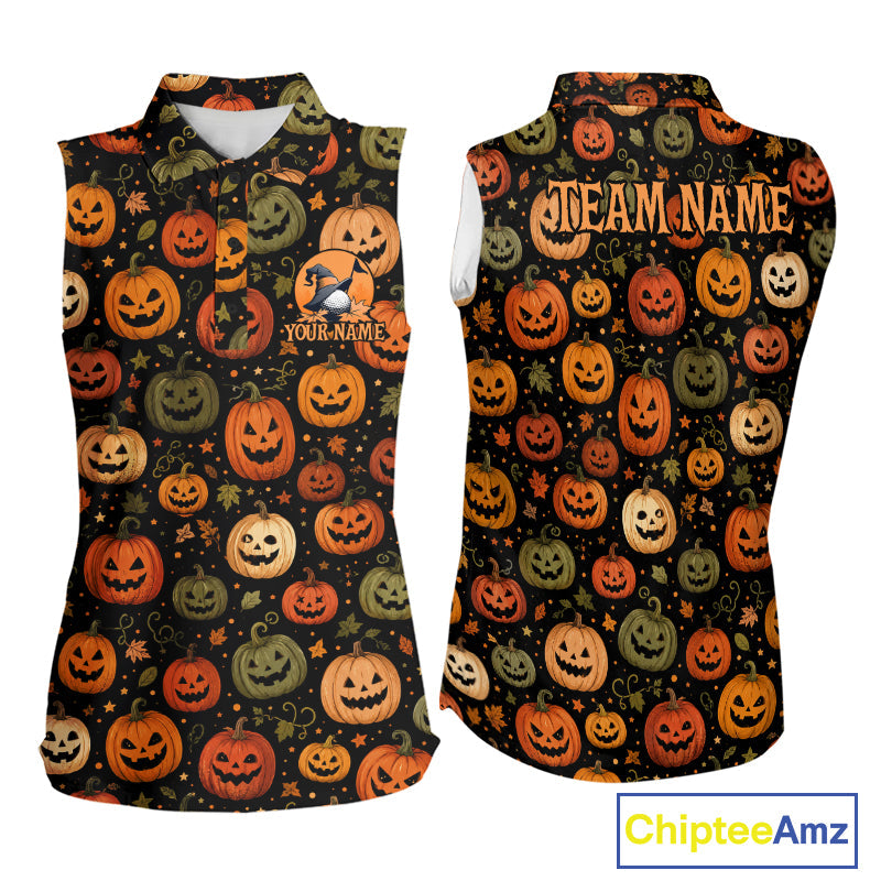 Halloween Seamless With Pumpkin, Golf Polos Funny Golf Tops Sleeveless Golf Gifts