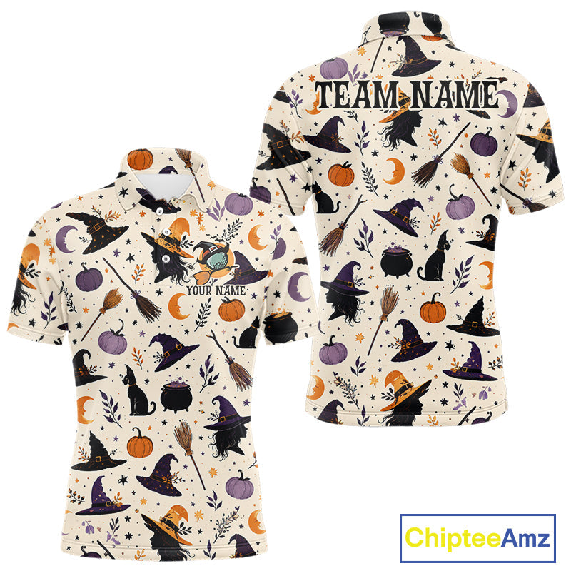 Vintage Witch Halloween Seamless Pattern Golf Polo, Spooky Cauldron Cat And Pumpkin Golf Top