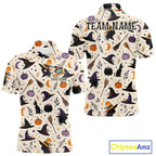 Vintage Witch Halloween Seamless Pattern Golf Polo, Spooky Cauldron Cat And Pumpkin Golf Top
