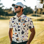 Vintage Witch Halloween Seamless Pattern Golf Polo, Spooky Cauldron Cat And Pumpkin Golf Top