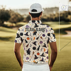 Vintage Witch Halloween Seamless Pattern Golf Polo, Spooky Cauldron Cat And Pumpkin Golf Top