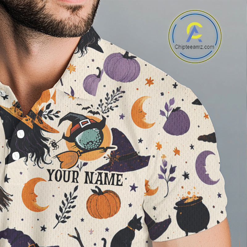 Vintage Witch Halloween Seamless Pattern Golf Polo, Spooky Cauldron Cat And Pumpkin Golf Top