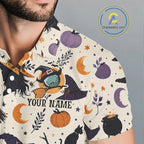 Vintage Witch Halloween Seamless Pattern Golf Polo, Spooky Cauldron Cat And Pumpkin Golf Top