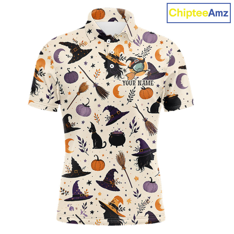 Vintage Witch Halloween Seamless Pattern Golf Polo, Spooky Cauldron Cat And Pumpkin Golf Top