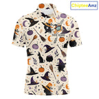 Vintage Witch Halloween Seamless Pattern Golf Polo, Spooky Cauldron Cat And Pumpkin Golf Top