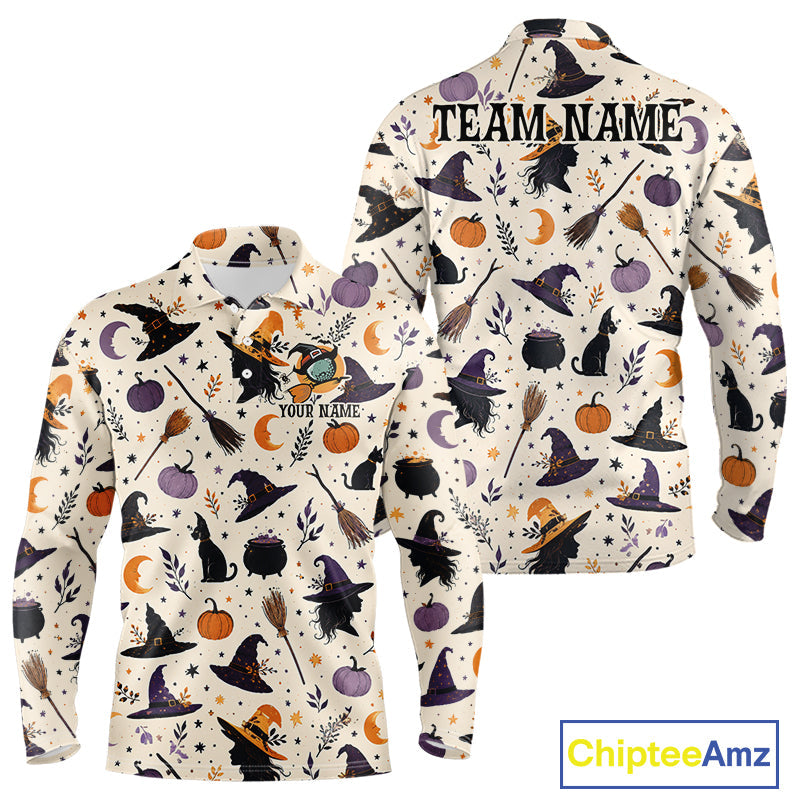 Vintage Witch Halloween Seamless Pattern Golf Polo, Spooky Cauldron Cat And Pumpkin Golf Top
