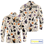 Vintage Witch Halloween Seamless Pattern Golf Polo, Spooky Cauldron Cat And Pumpkin Golf Top