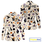 Vintage Witch Halloween Seamless Pattern Golf Polo, Spooky Cauldron Cat And Pumpkin Golf Top