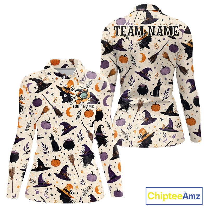 Vintage Witch Halloween Seamless Pattern Golf Polo, Spooky Cauldron Cat And Pumpkin Golf Top