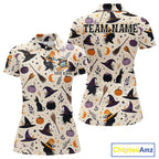 Vintage Witch Halloween Seamless Pattern Golf Polo, Spooky Cauldron Cat And Pumpkin Golf Top