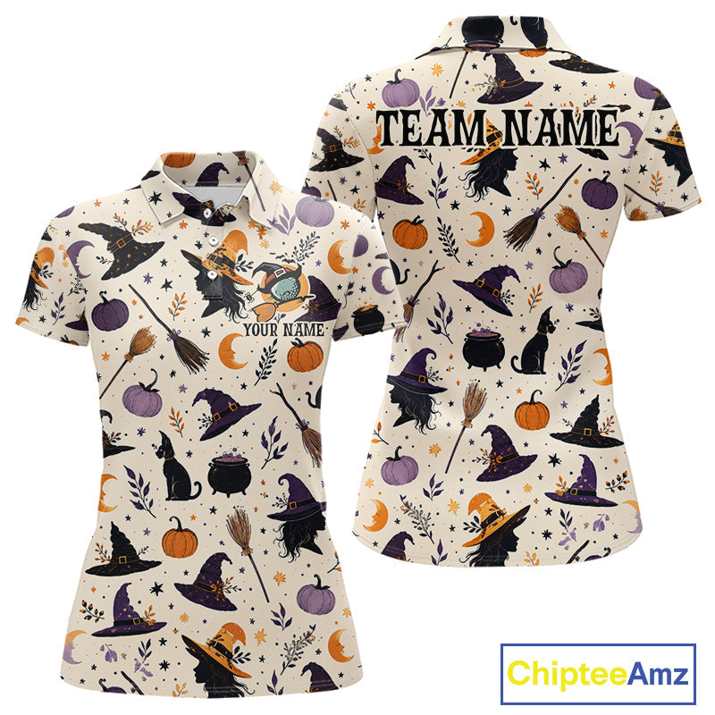 Vintage Witch Halloween Seamless Pattern Golf Polo, Spooky Cauldron Cat And Pumpkin Golf Top