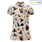 Vintage Witch Halloween Seamless Pattern Golf Polo, Spooky Cauldron Cat And Pumpkin Golf Top