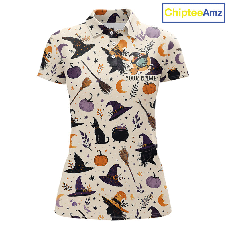 Vintage Witch Halloween Seamless Pattern Golf Polo, Spooky Cauldron Cat And Pumpkin Golf Top