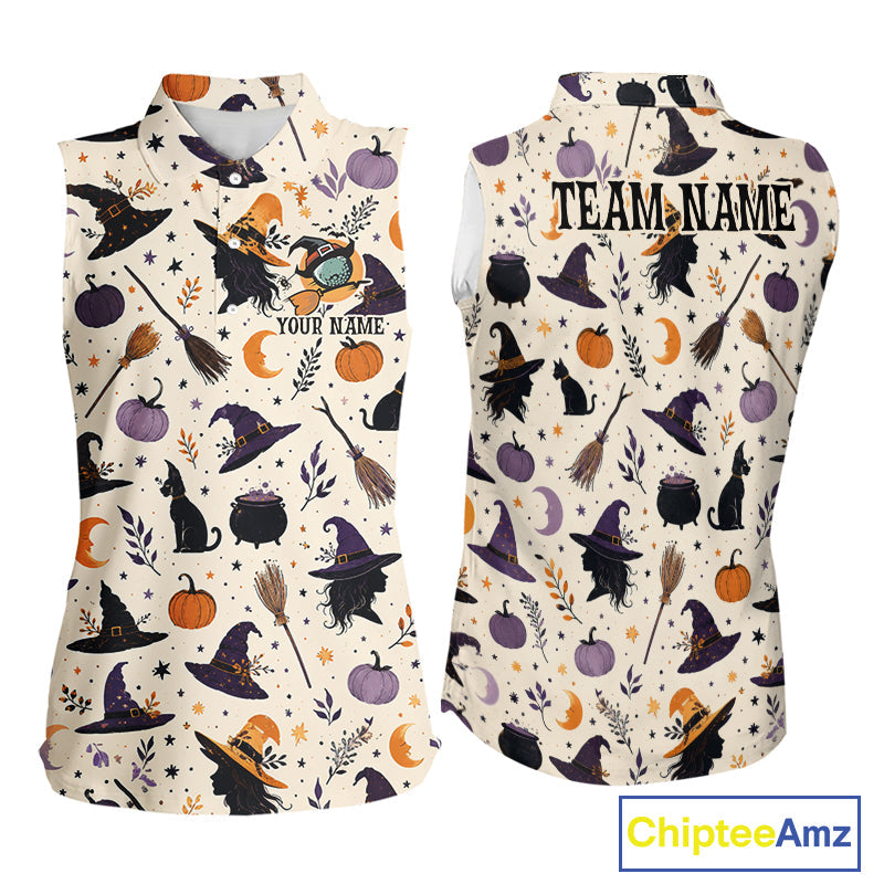Vintage Witch Halloween Seamless Pattern Sleeveless Golf Polo, Spooky Cauldron Cat And Pumpkin Golf Top