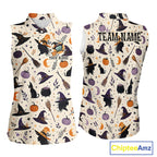 Vintage Witch Halloween Seamless Pattern Sleeveless Golf Polo, Spooky Cauldron Cat And Pumpkin Golf Top