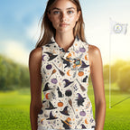 Vintage Witch Halloween Seamless Pattern Sleeveless Golf Polo, Spooky Cauldron Cat And Pumpkin Golf Top