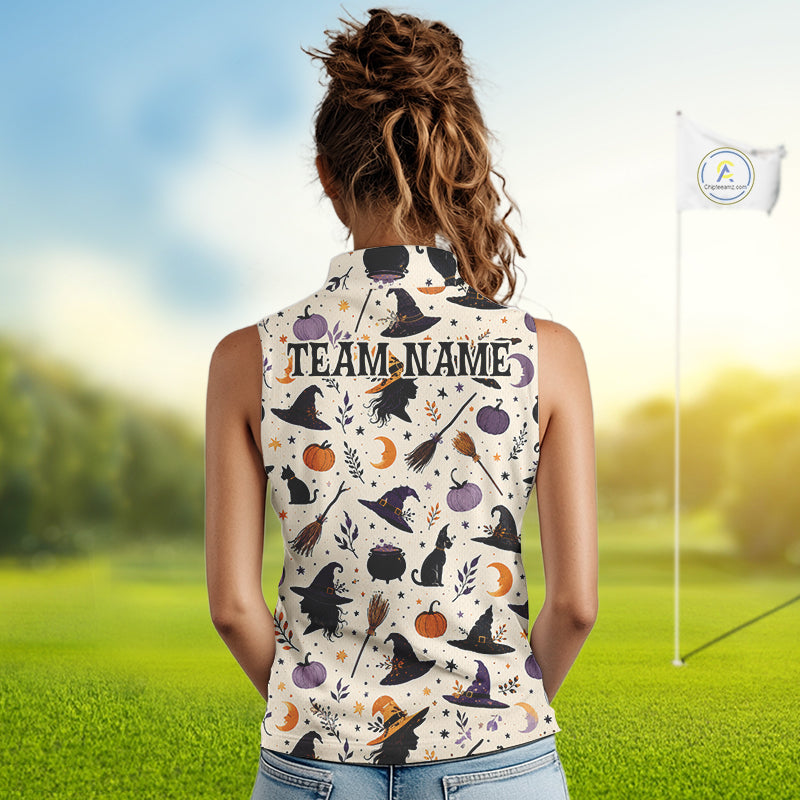 Vintage Witch Halloween Seamless Pattern Sleeveless Golf Polo, Spooky Cauldron Cat And Pumpkin Golf Top