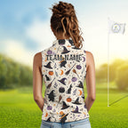 Vintage Witch Halloween Seamless Pattern Sleeveless Golf Polo, Spooky Cauldron Cat And Pumpkin Golf Top