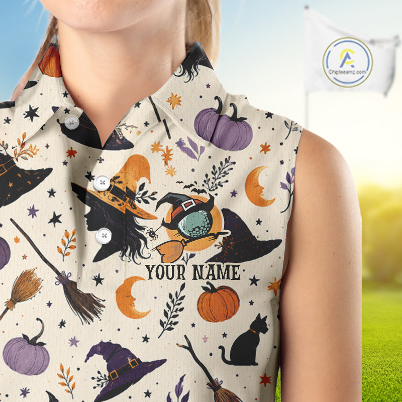 Vintage Witch Halloween Seamless Pattern Sleeveless Golf Polo, Spooky Cauldron Cat And Pumpkin Golf Top