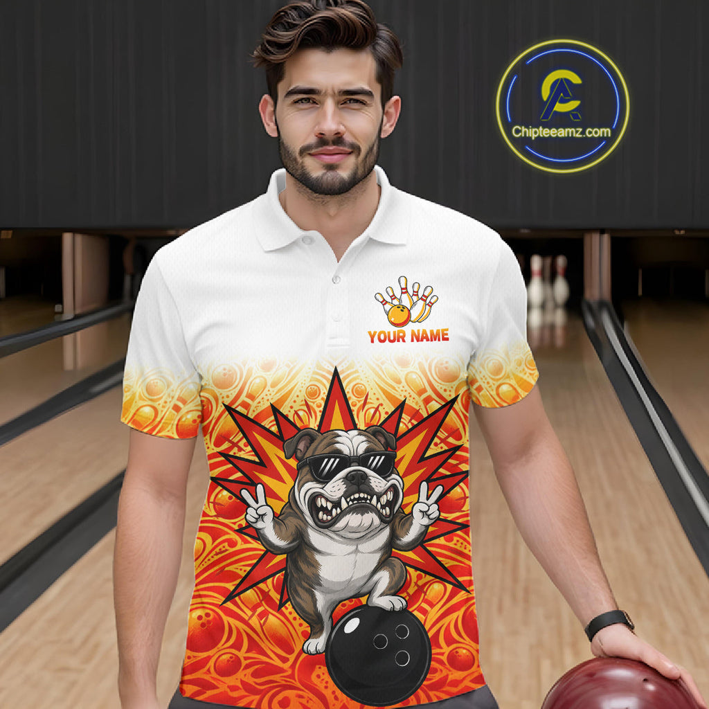 Custom Name Bulldog Bowling Polo Shirt, Funny Dog Apparel, Personalized Team Bowling Shirt