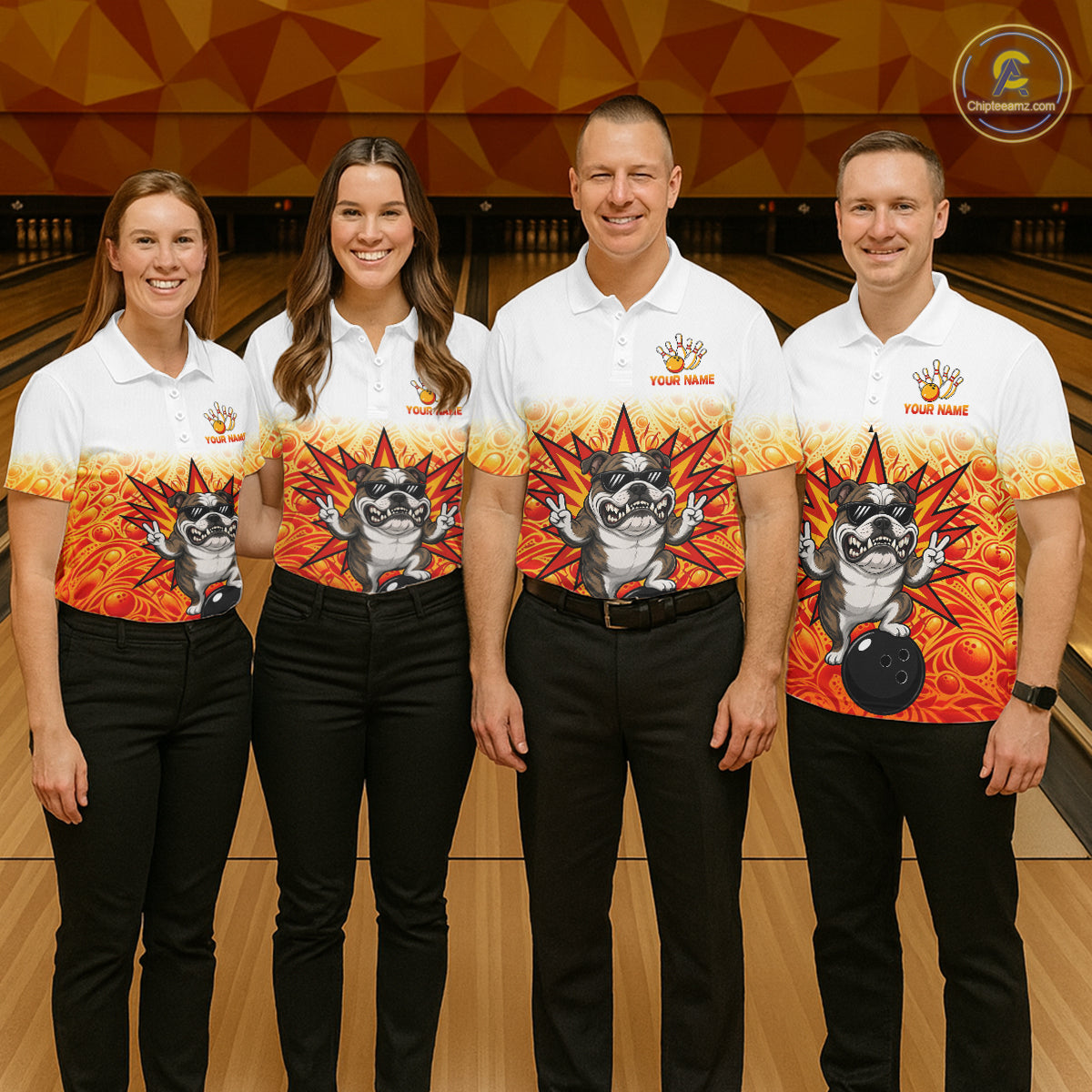 Custom Name Bulldog Bowling Polo Shirt, Funny Dog Apparel, Personalized Team Bowling Shirt