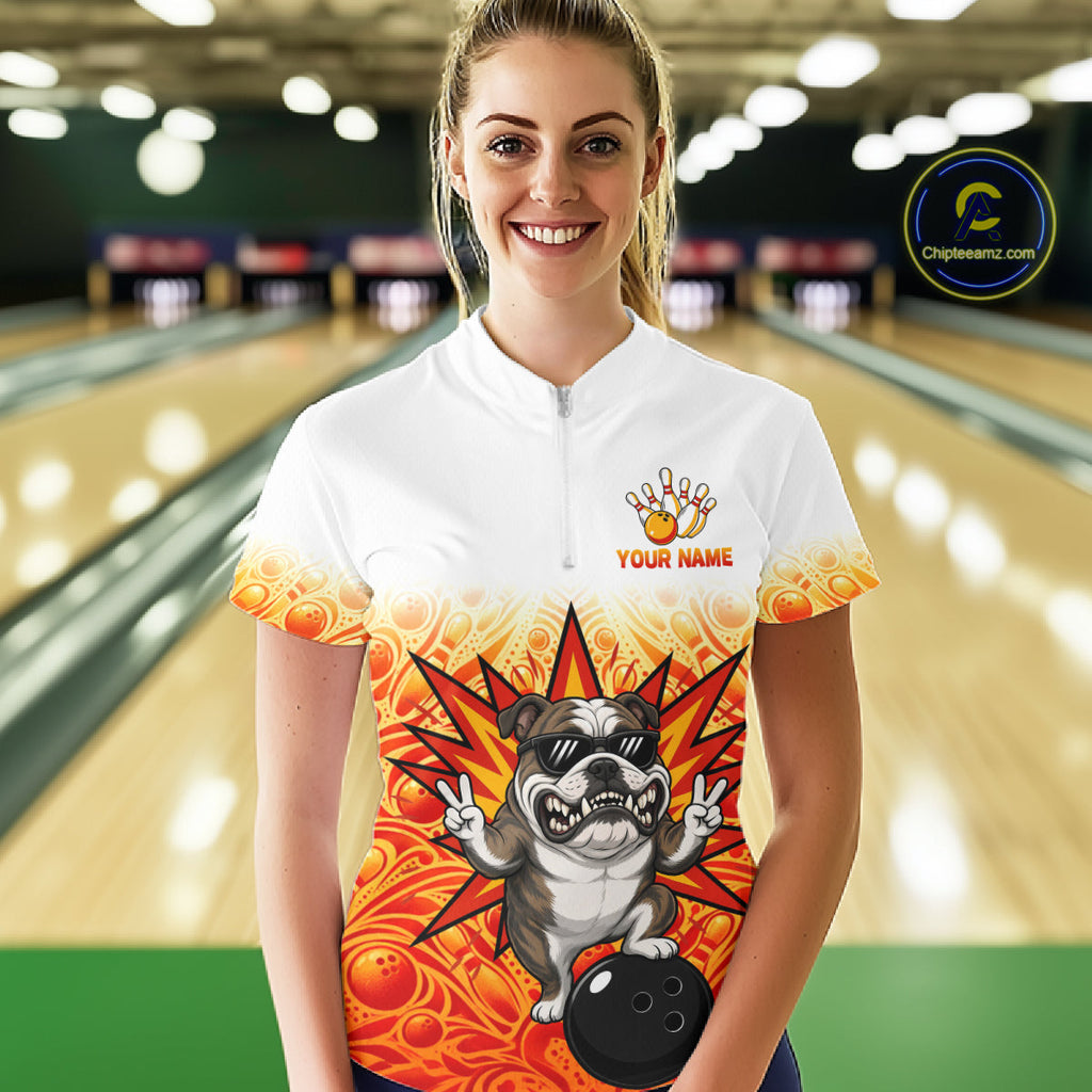 Custom Name Bulldog Bowling Polo Shirt, Funny Dog Apparel, Personalized Team Bowling Shirt