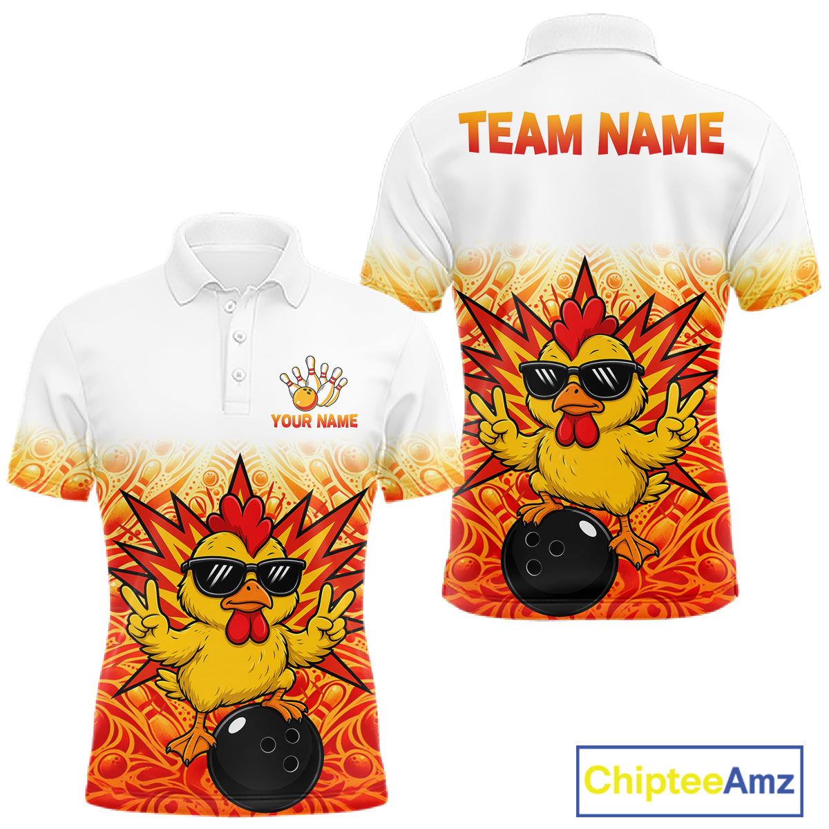 Custom Name Chicken Bowling Polo Shirt, Funny Chicken Apparel, Personalized Team Bowling Shirt