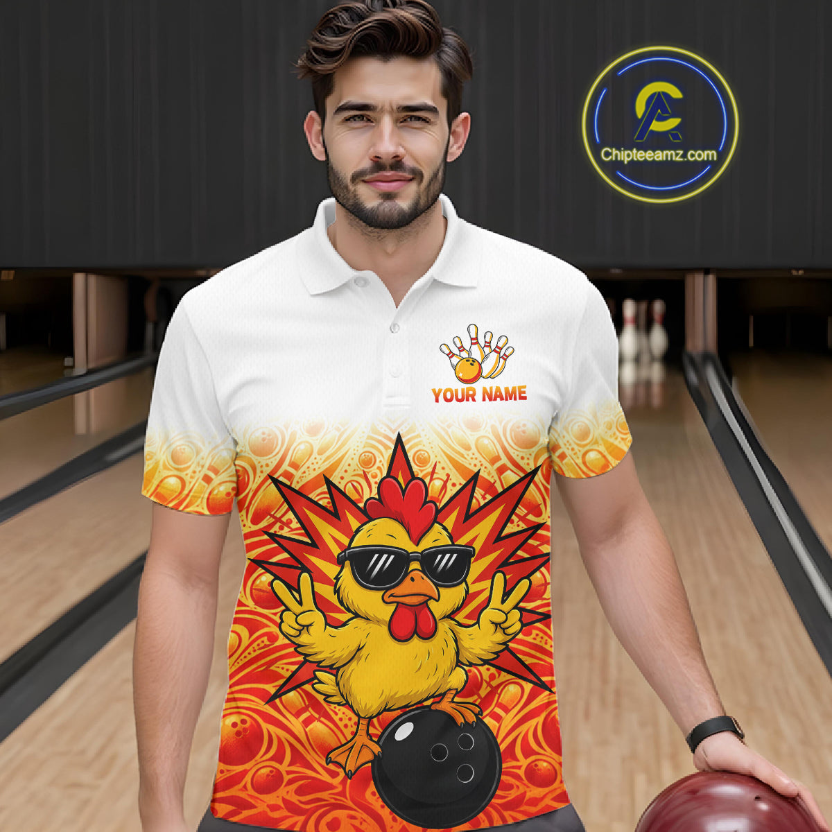 Custom Name Chicken Bowling Polo Shirt, Funny Chicken Apparel, Personalized Team Bowling Shirt