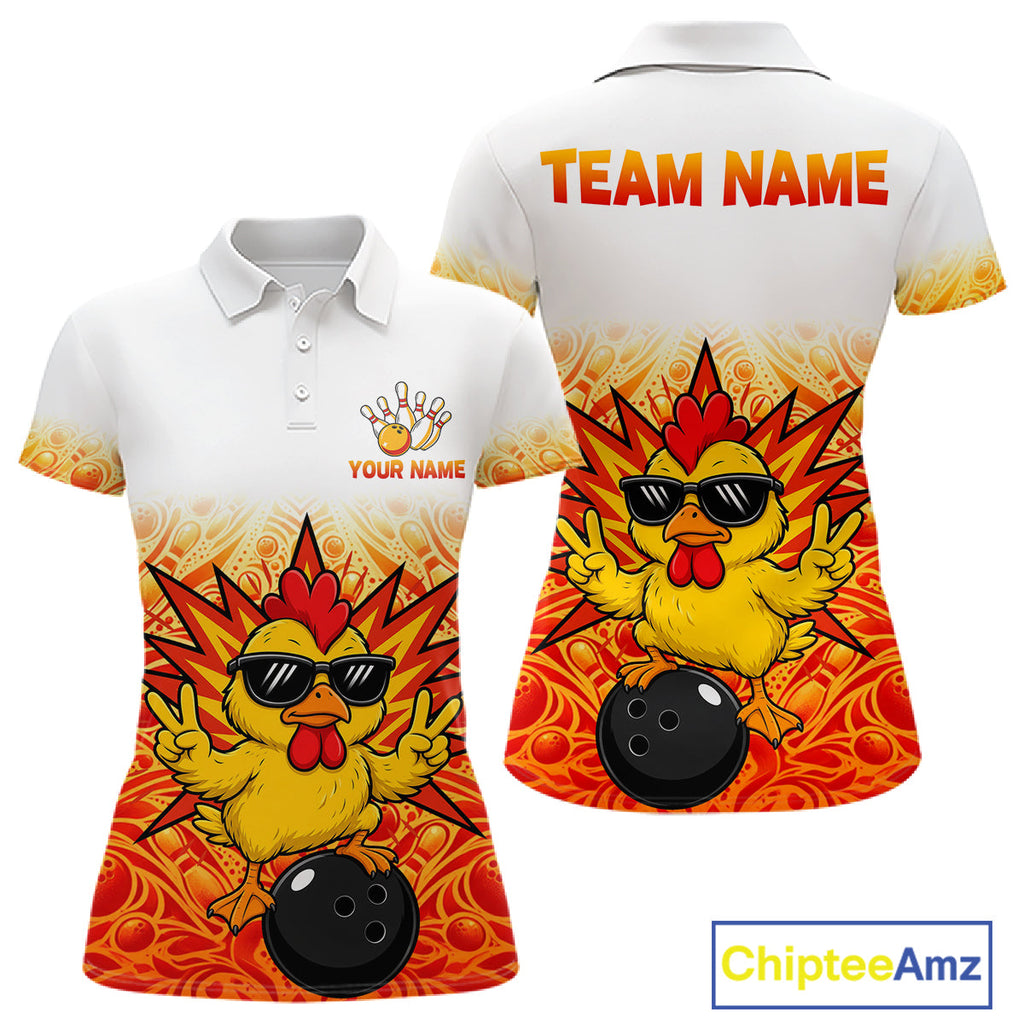 Custom Name Chicken Bowling Polo Shirt, Funny Chicken Apparel, Personalized Team Bowling Shirt