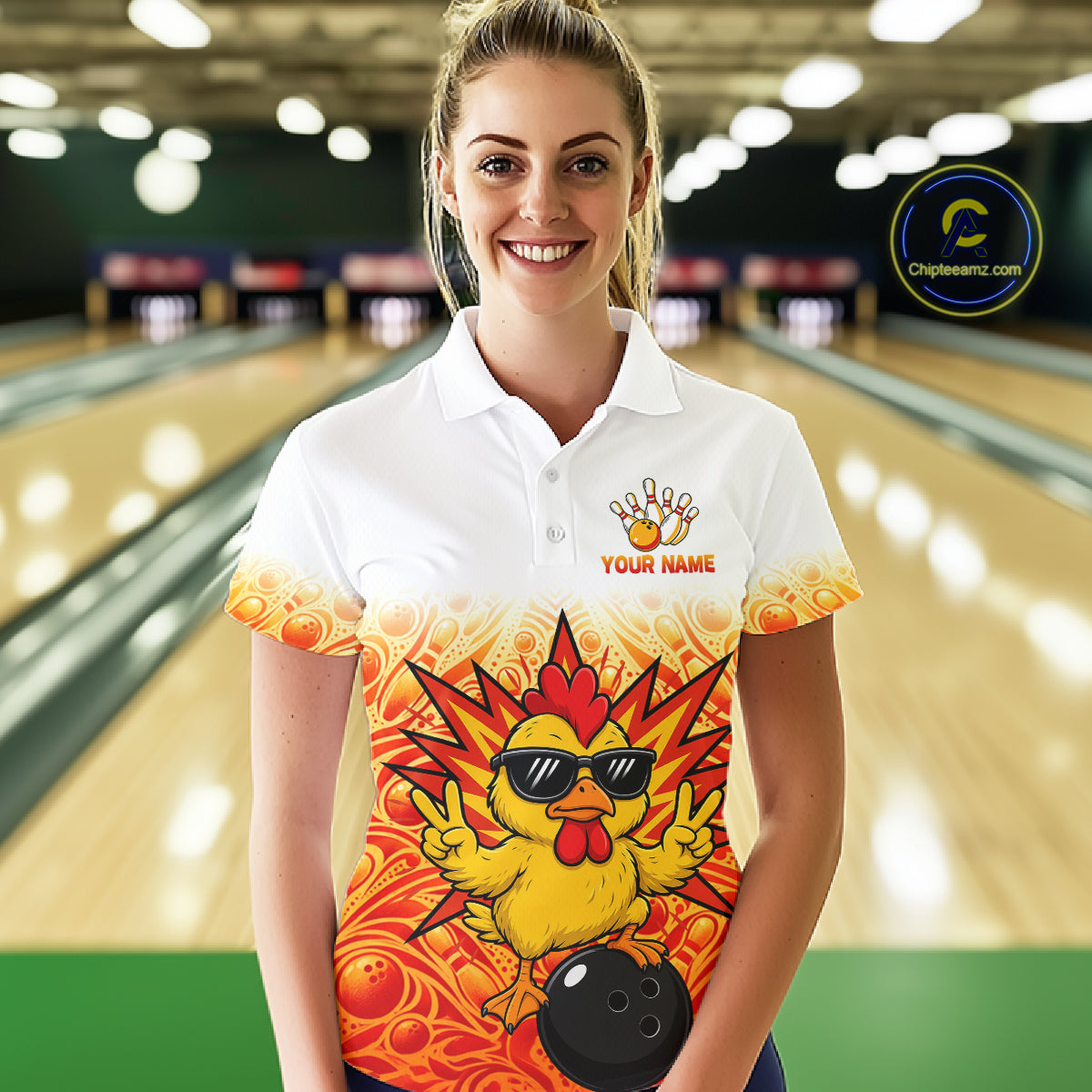 Custom Name Chicken Bowling Polo Shirt, Funny Chicken Apparel, Personalized Team Bowling Shirt