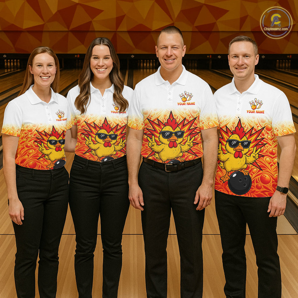 Custom Name Chicken Bowling Polo Shirt, Funny Chicken Apparel, Personalized Team Bowling Shirt