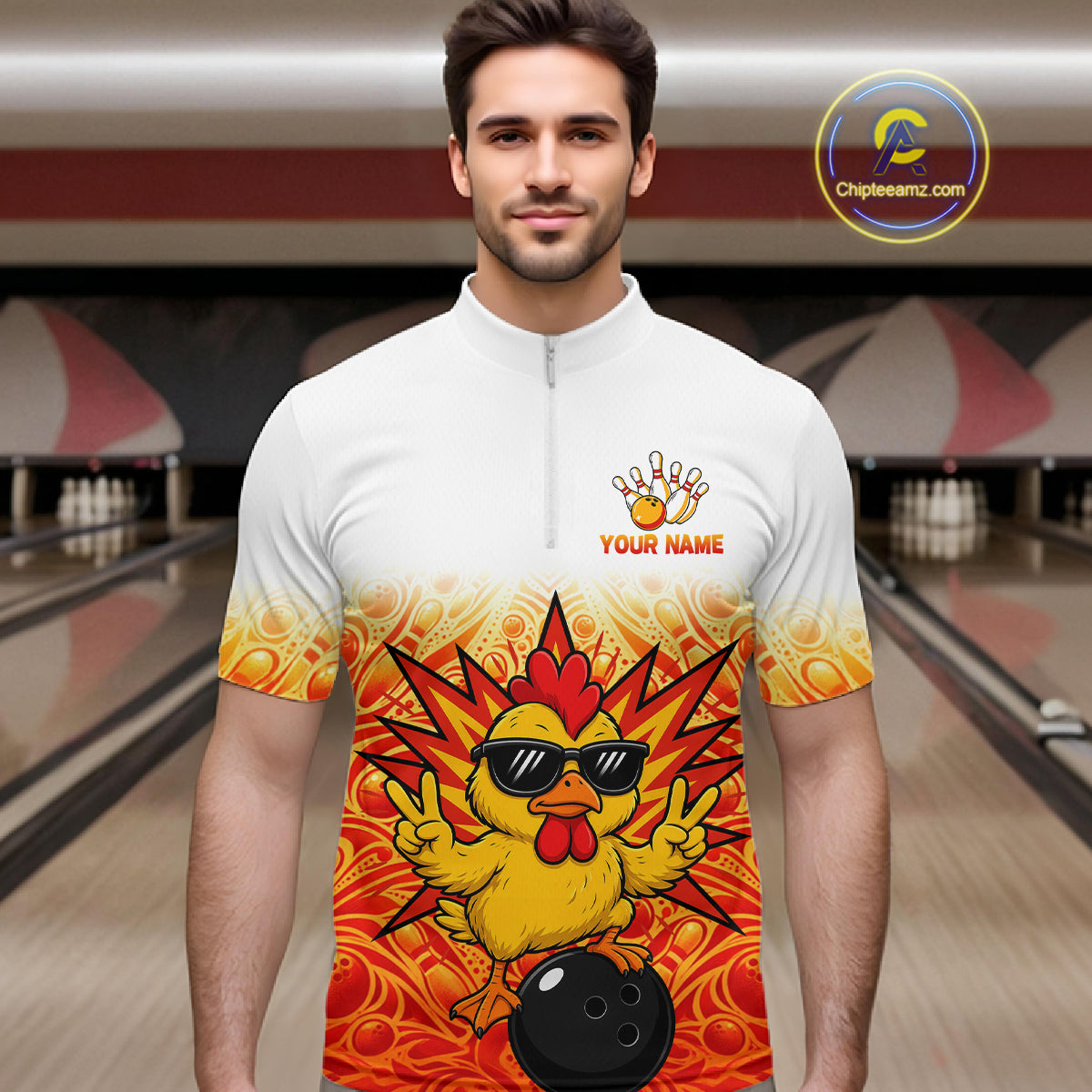 Custom Name Chicken Bowling Polo Shirt, Funny Chicken Apparel, Personalized Team Bowling Shirt