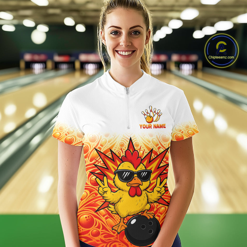 Custom Name Chicken Bowling Polo Shirt, Funny Chicken Apparel, Personalized Team Bowling Shirt