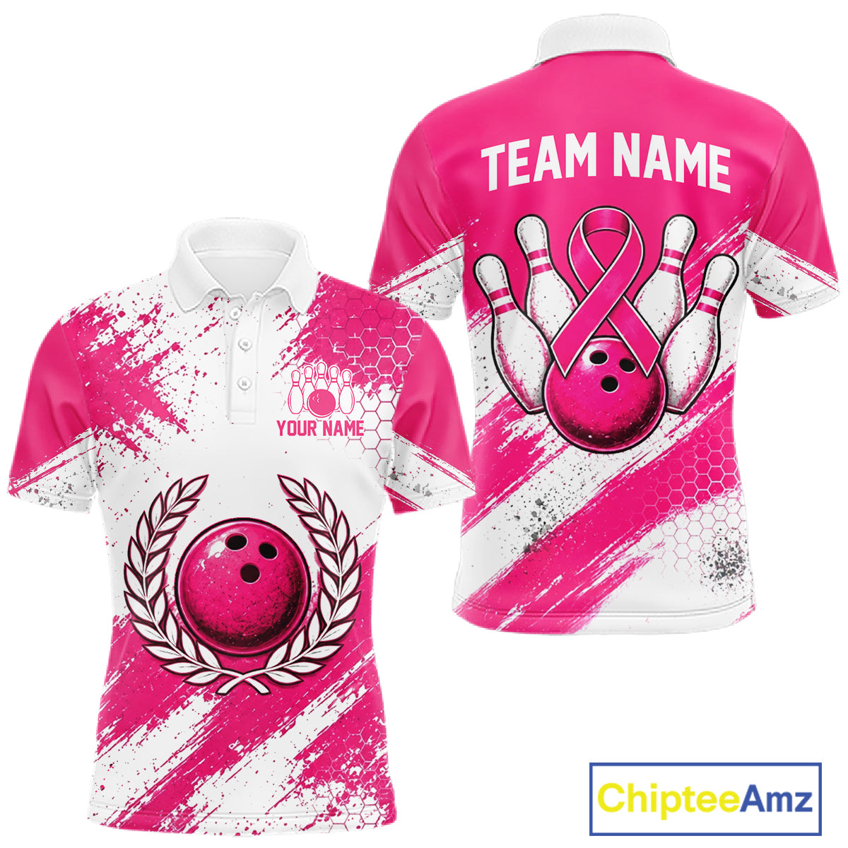 Custom Bowling Polo Shirt, Pink Breast Cancer Awareness Bowling Shirt, Personalized Team Jersey